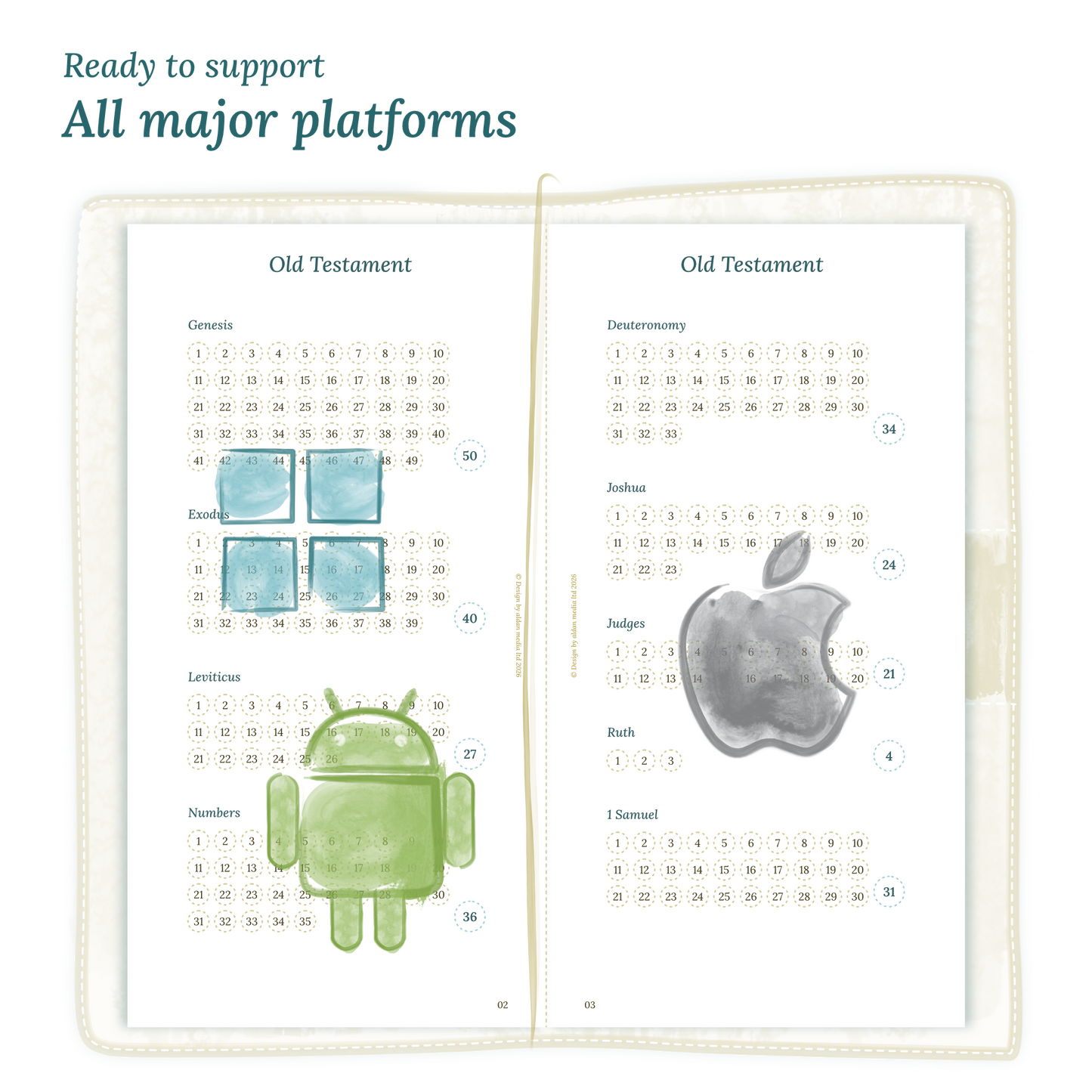 Open planner calendar insert with Windows, Android and Apple logos on a white background to show what operating systems are supported by our PDF printables.