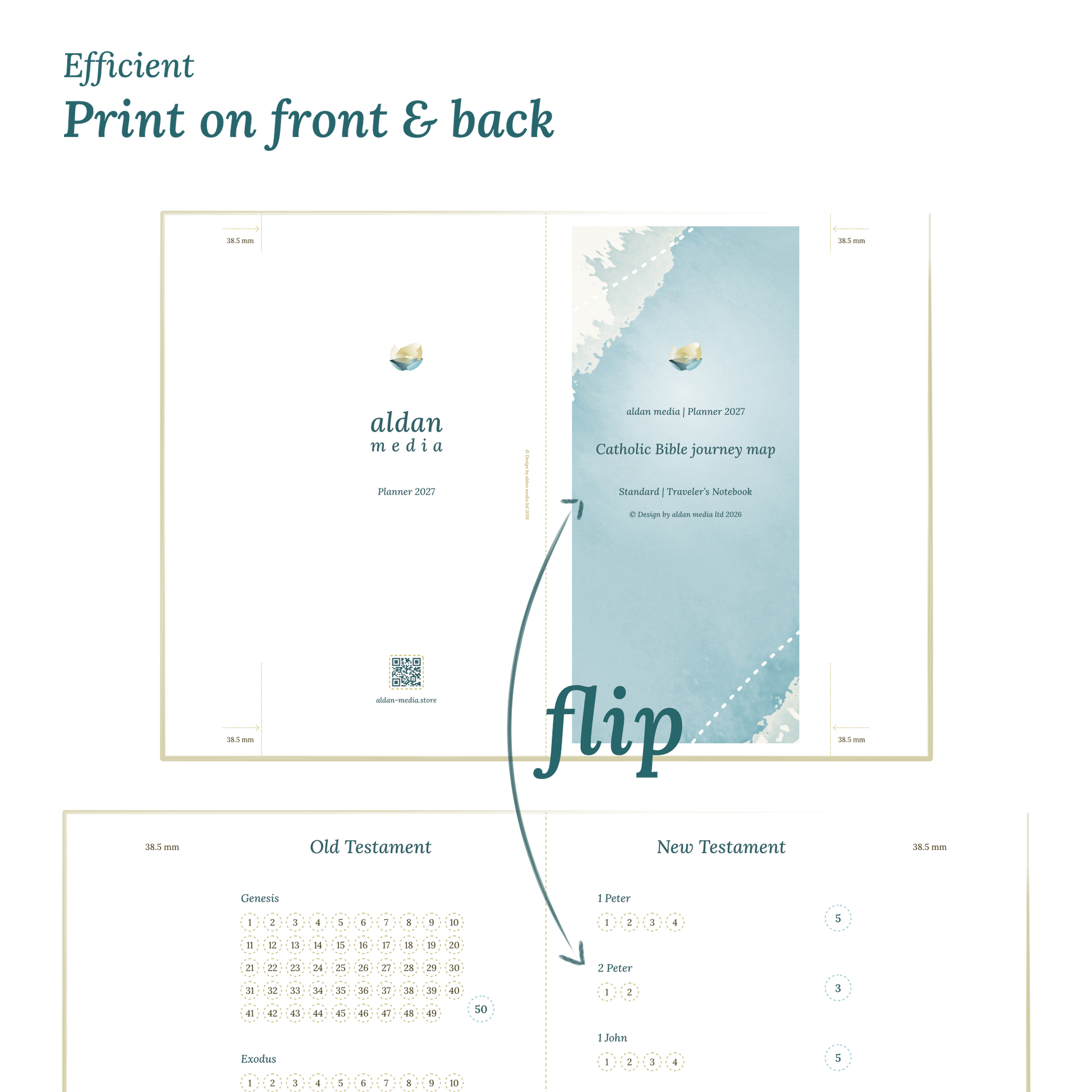 Calendar design with a lake map illustration and text indicating efficient printing on front and back of the A4 page Standard size for Traveler's Notebook.