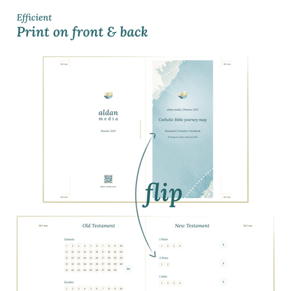 Calendar design with a lake map illustration and text indicating efficient printing on front and back of the A4 page Standard size for Traveler's Notebook.