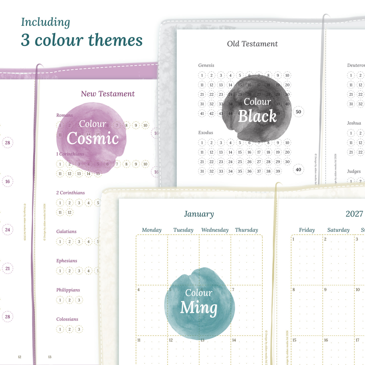 Three colour variants of the Catholic Bible study kit designs with colour themes 'Cosmic', 'Black', and 'Ming' displayed to show how they look like on the modules Catholic Bible journey map and M2P Month on 2 pages in Standard size for Traveler's Notebook planner.