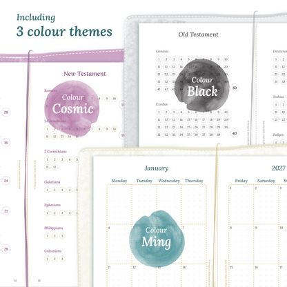 Three colour variants of the Catholic Bible study kit designs with colour themes 'Cosmic', 'Black', and 'Ming' displayed to show how they look like on the modules Catholic Bible journey map and M2P Month on 2 pages in Standard size for Traveler's Notebook planner.