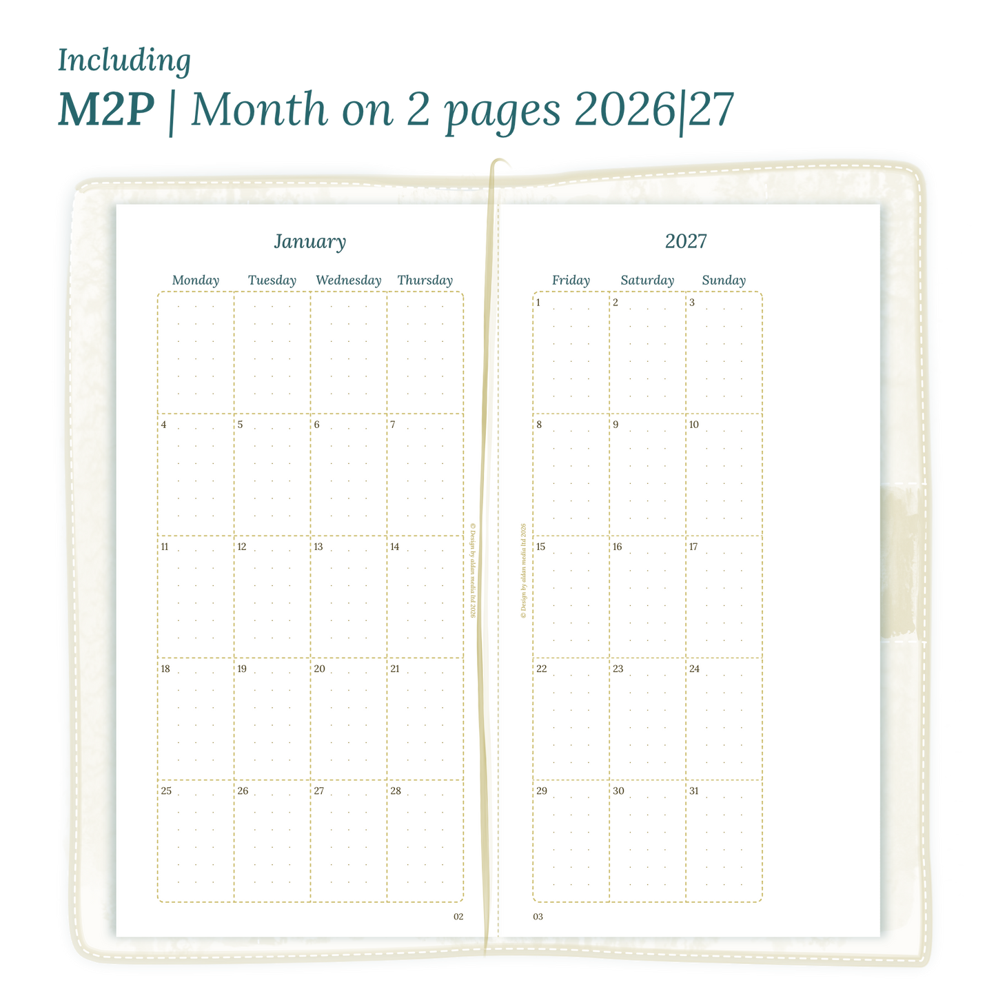 Open planner showing details of the PDF printable planner inserts module M2P month on 2 pages for January 2026 till December 2027 in Standard size for Traveler's Notebook planner.