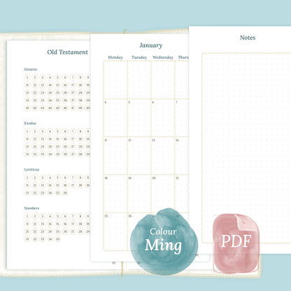 Examples featuring the PDF printable Catholic Bible study kit inserts modules Catholic Bible journey map, M2P Month on 2 pages and Notes in the colour Ming/Blue.