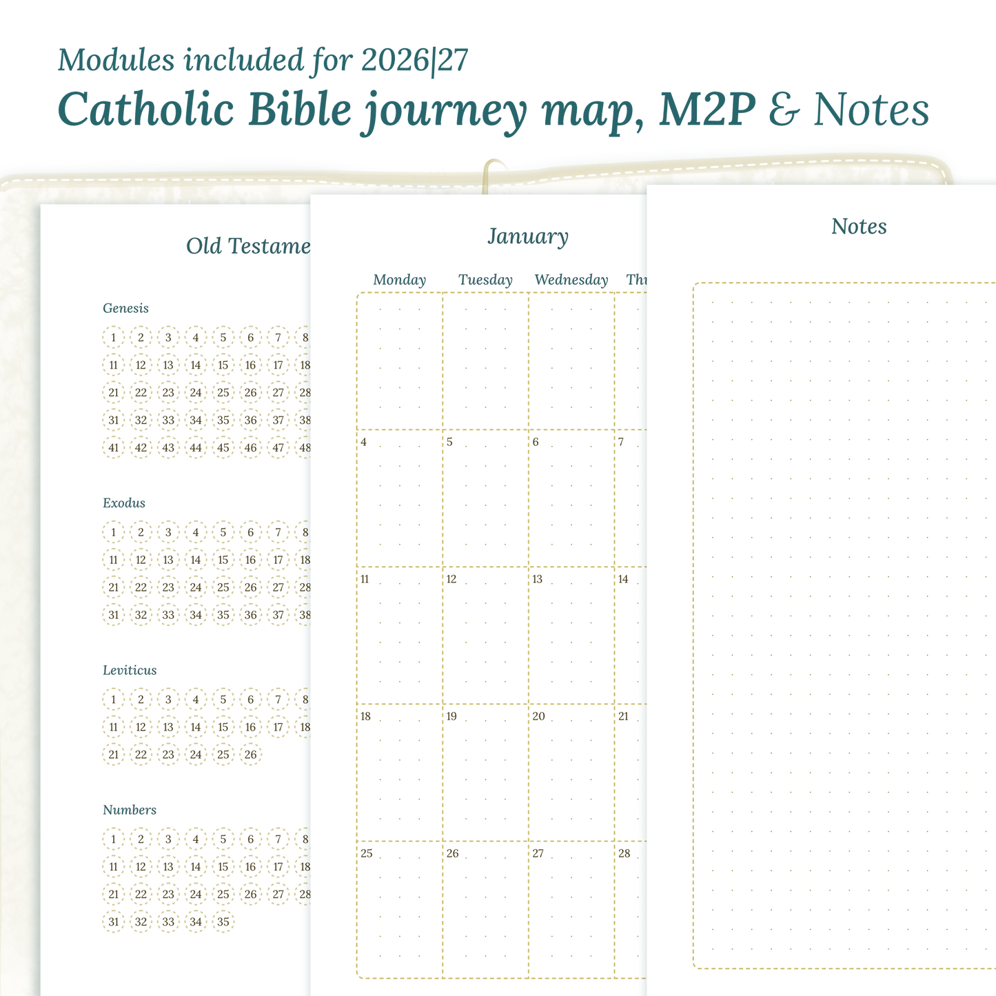 PDF Printable Catholic Bible study kit inserts with modules for the years 2026 and 2027 featuring a Catholic Bible journey map, M2P Month weeks on 2 pages and a notes.