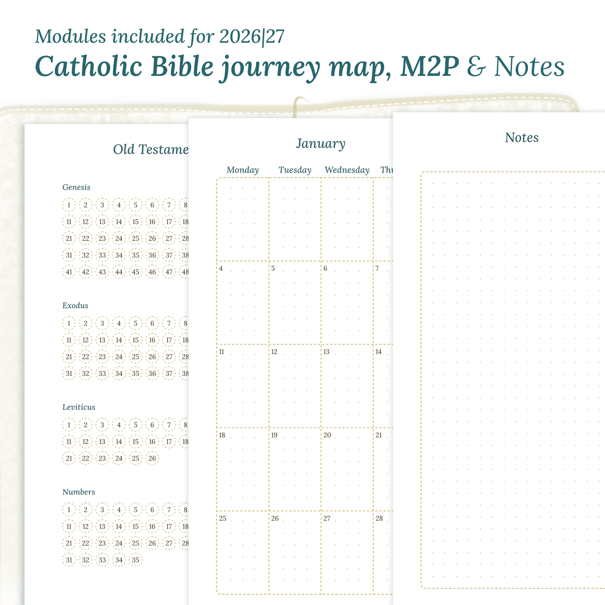 PDF Printable Catholic Bible study kit inserts with modules for the years 2026 and 2027 featuring a Catholic Bible journey map, M2P Month weeks on 2 pages and a notes.