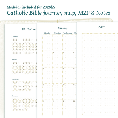PDF Printable Catholic Bible study kit inserts with modules for the years 2026 and 2027 featuring a Catholic Bible journey map, M2P Month weeks on 2 pages and a notes.