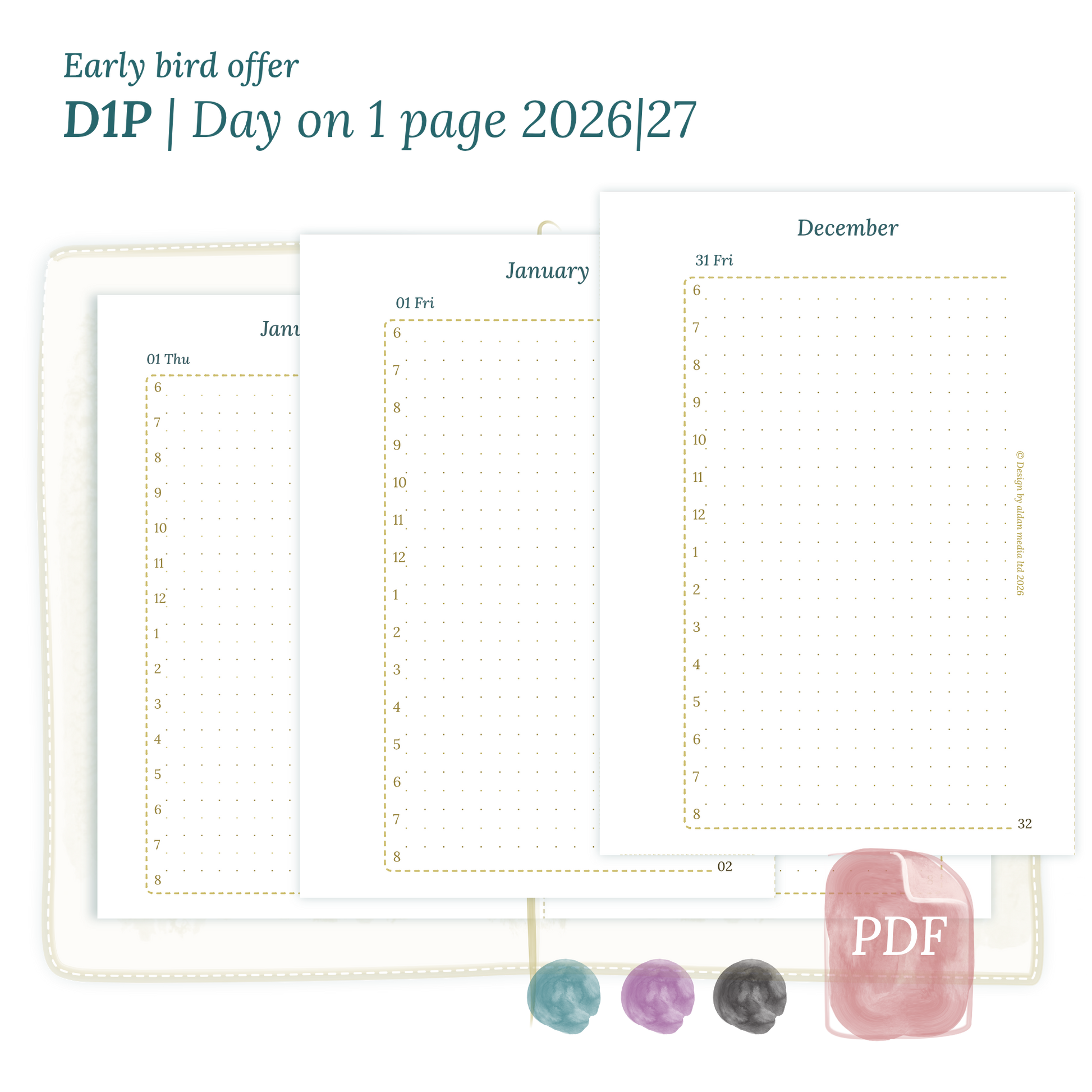 Printable PDF calendar insert D1P day on 1 page module for 2026 and 2027 for Passport size Traveler's Notebook planner.
