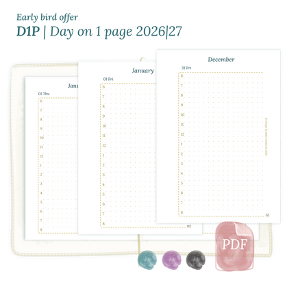 Printable PDF calendar insert D1P day on 1 page module for 2026 and 2027 for Passport size Traveler's Notebook planner.