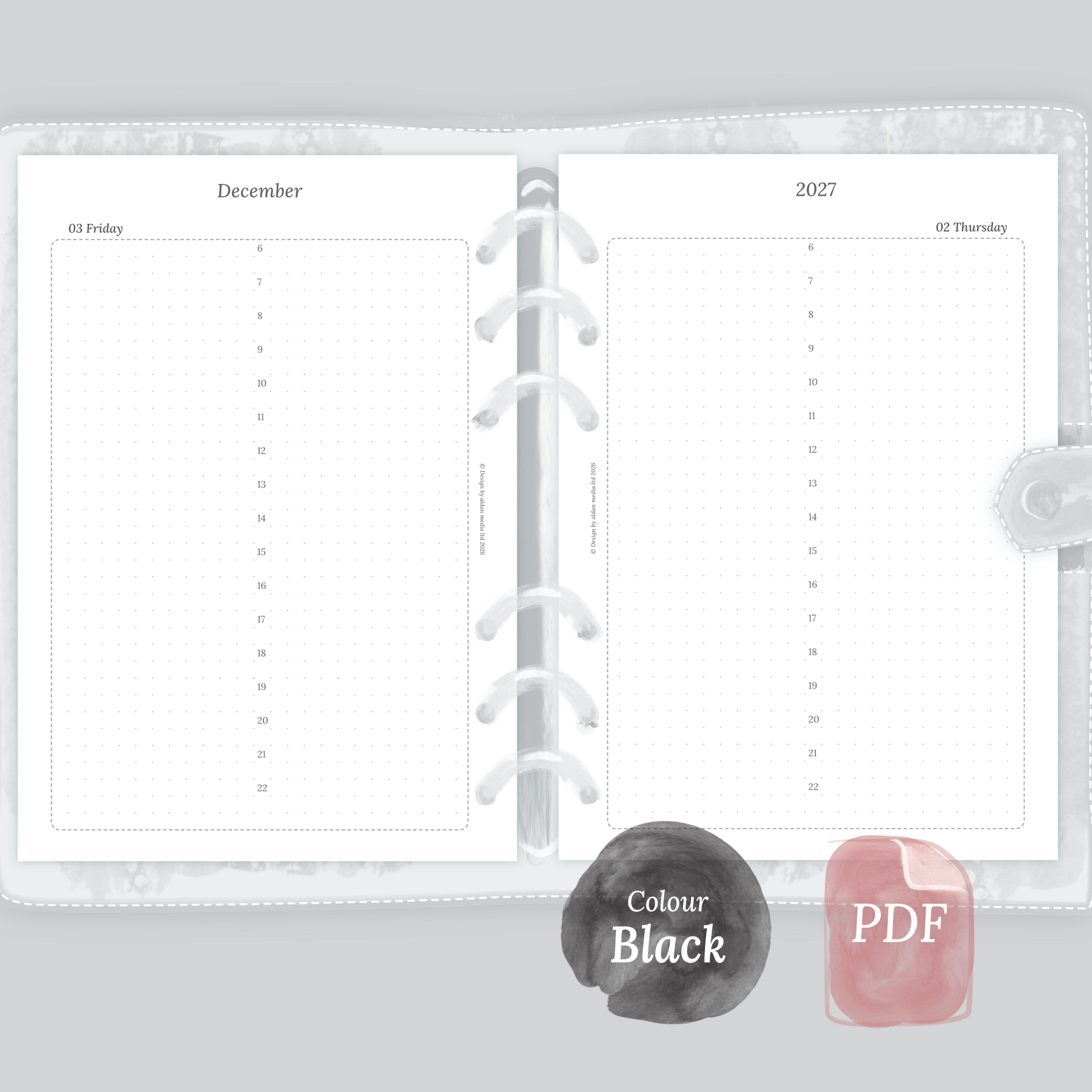 Examples featuring the printable planner inserts module of D1P day on 1 page for 2026 and 2027 in the colour Black & White.