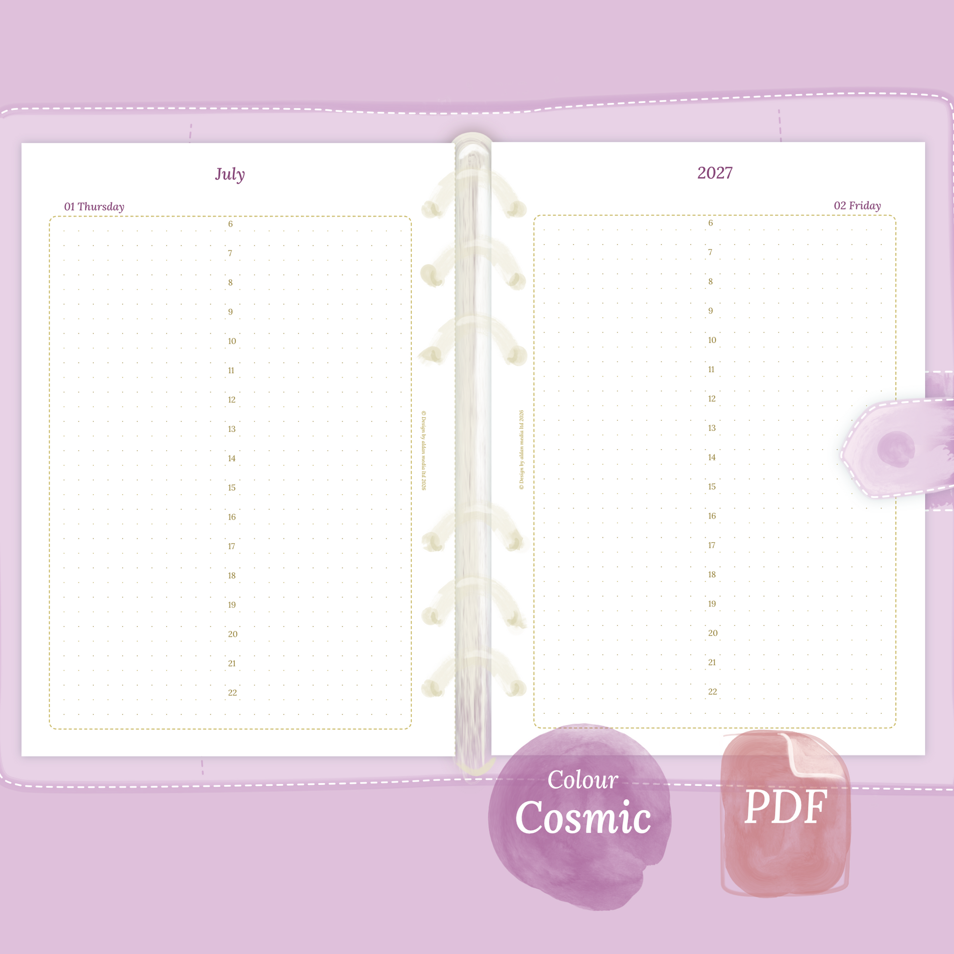 Examples featuring the PDF printable planner inserts module of D1P day on 1 page for 2026 and 2027 in the colour Cosmic/Raspberry.