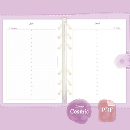 Examples featuring the PDF printable planner inserts module of D1P day on 1 page for 2026 and 2027 in the colour Cosmic/Raspberry.