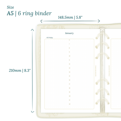 Printable PDF calendar planner insert with dimensions labeled on a white background to show the size supported which is A5 for 6 ring binder.