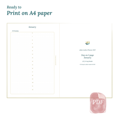 Printable PDF calendar planner with title design on A4 paper that illustrates that our products are ready to print.