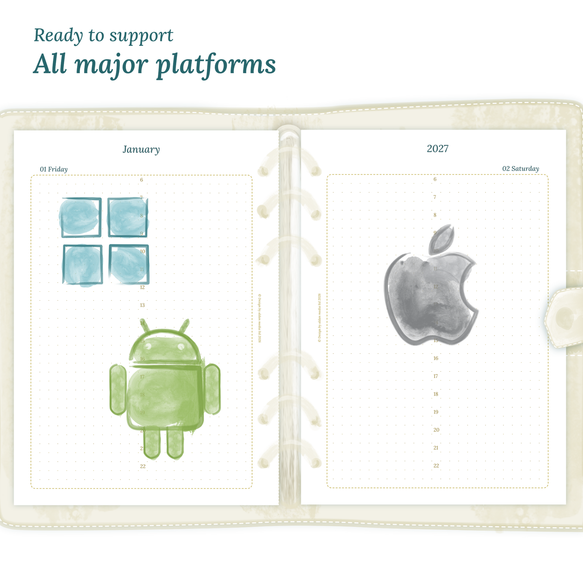 Open planner printable PDF calendar insert with Windows, Android and Apple logos on a white background to show what operating systems are supported by our printables.