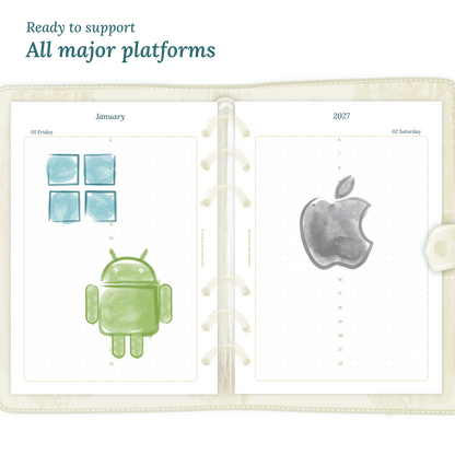 Open planner printable PDF calendar insert with Windows, Android and Apple logos on a white background to show what operating systems are supported by our printables.