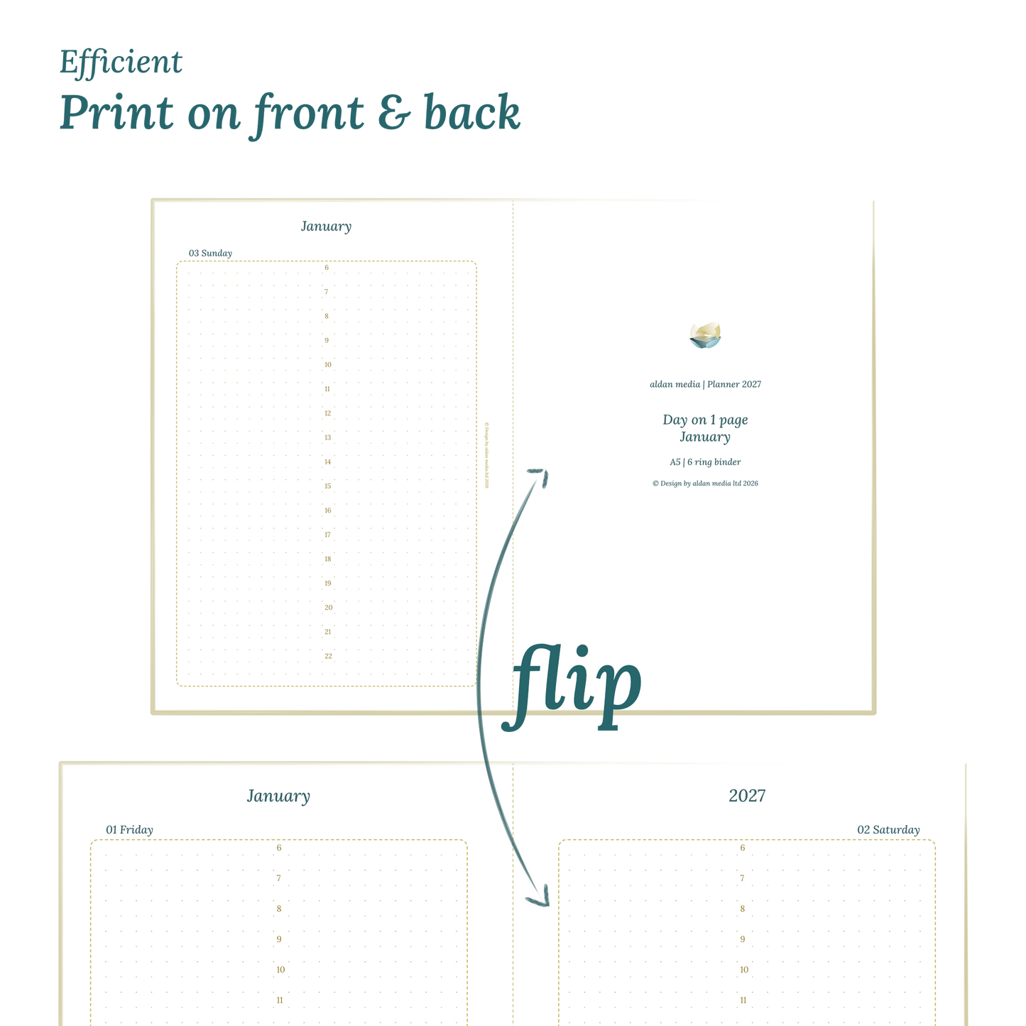Printable PDF calendar design with a title and text indicating efficient printing on front and back of the A4 page.
