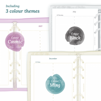 Three colour variants of the calendar designs of the PDF printable inserts with colour themes 'Cosmic', 'Black', and 'Ming' displayed to show how they look like on this module D1P day on 1 page.