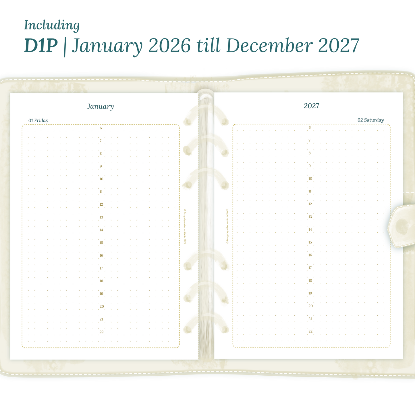 Open planner showing details of the printable PDF planner inserts module D1P day on 1 page for January 2026 till December 2027.