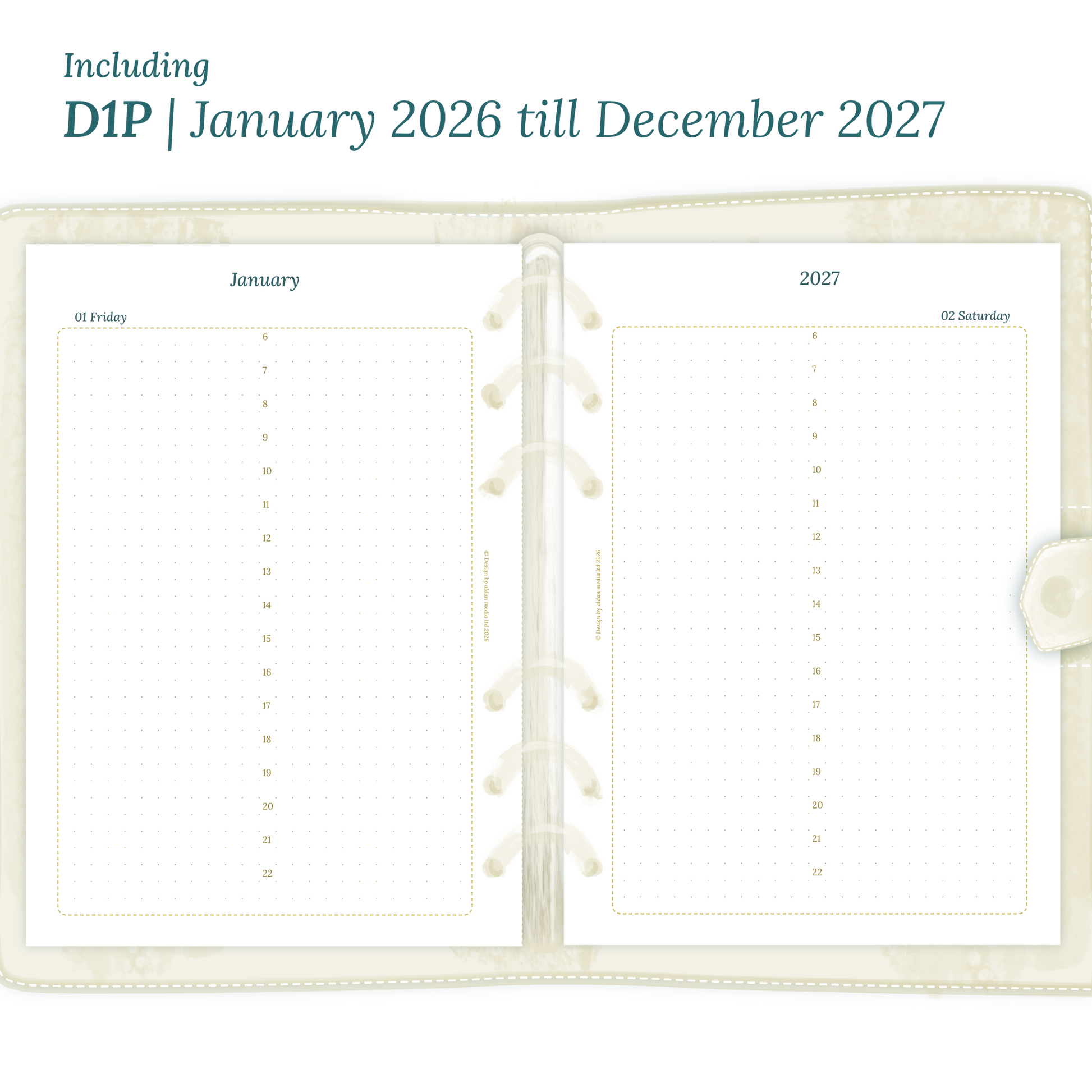 Open planner showing details of the printable PDF planner inserts module D1P day on 1 page for January 2026 till December 2027.