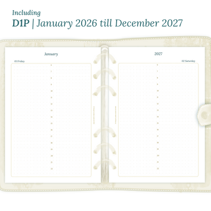 Open planner showing details of the printable PDF planner inserts module D1P day on 1 page for January 2026 till December 2027.