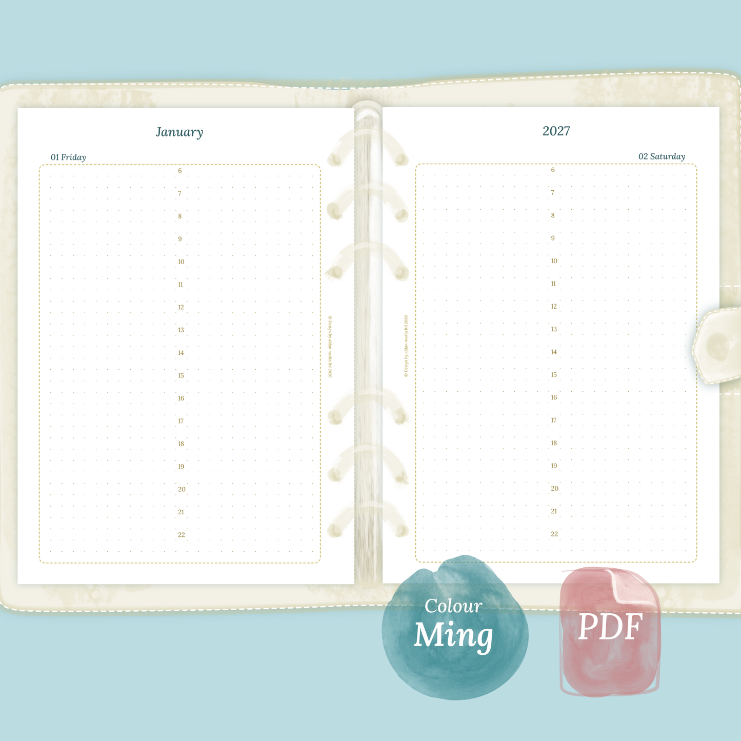 Examples featuring the PDF printable planner inserts module of D1P day on 1 page for 2026 and 2027 in the colour Ming/Blue.
