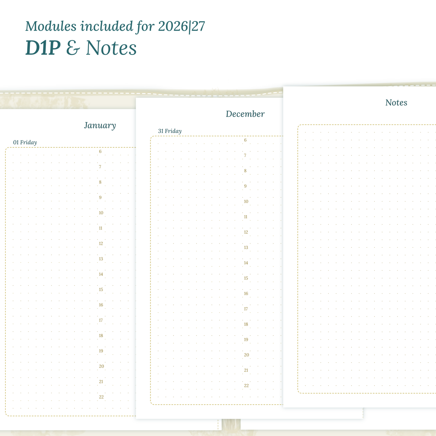 Printable PDF calendar inserts modules for the years 2026 and 2027 featuring D1P day on 1 page and a Notes.
