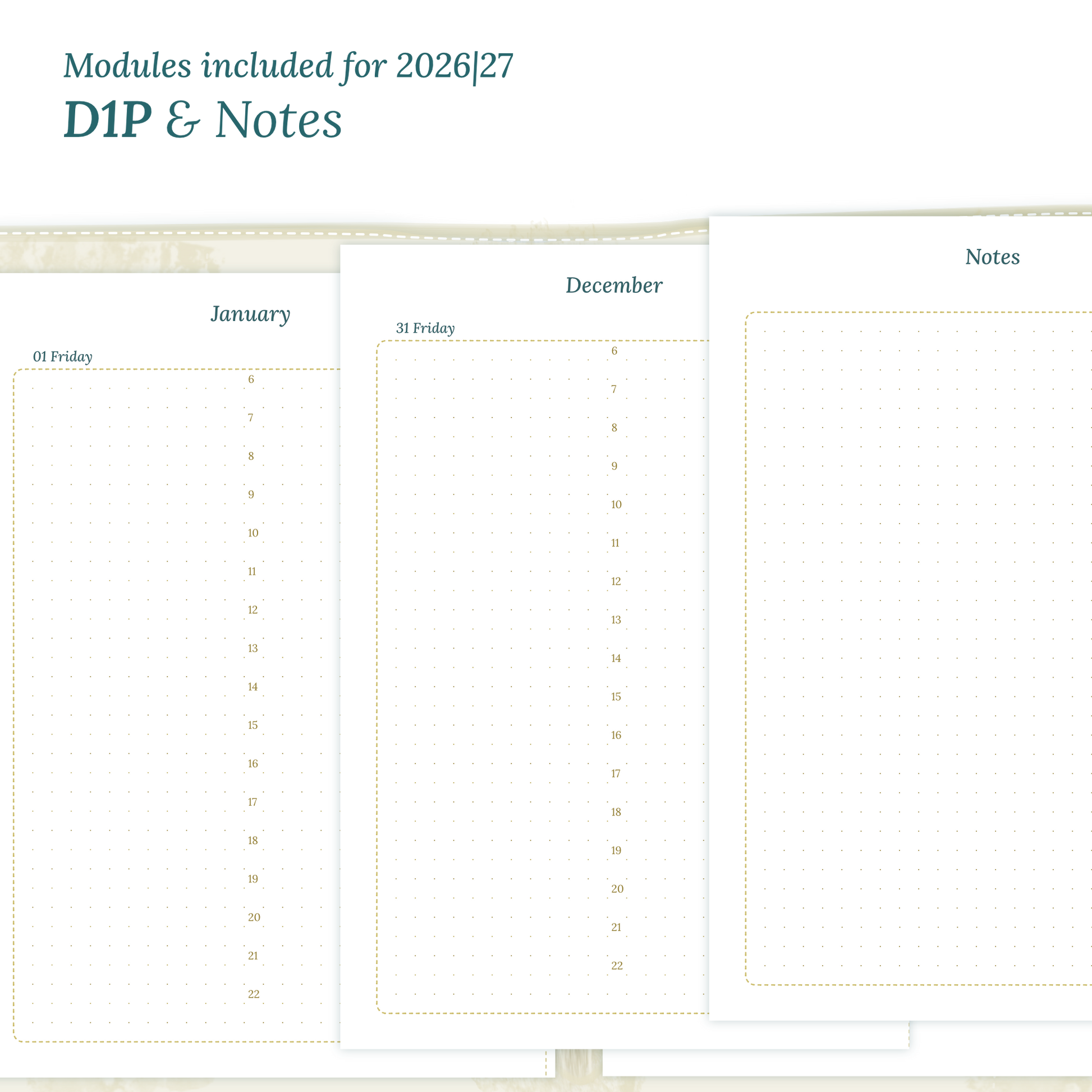 Printable PDF calendar inserts modules for the years 2026 and 2027 featuring D1P day on 1 page and a Notes.