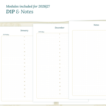Printable PDF calendar inserts modules for the years 2026 and 2027 featuring D1P day on 1 page and a Notes.