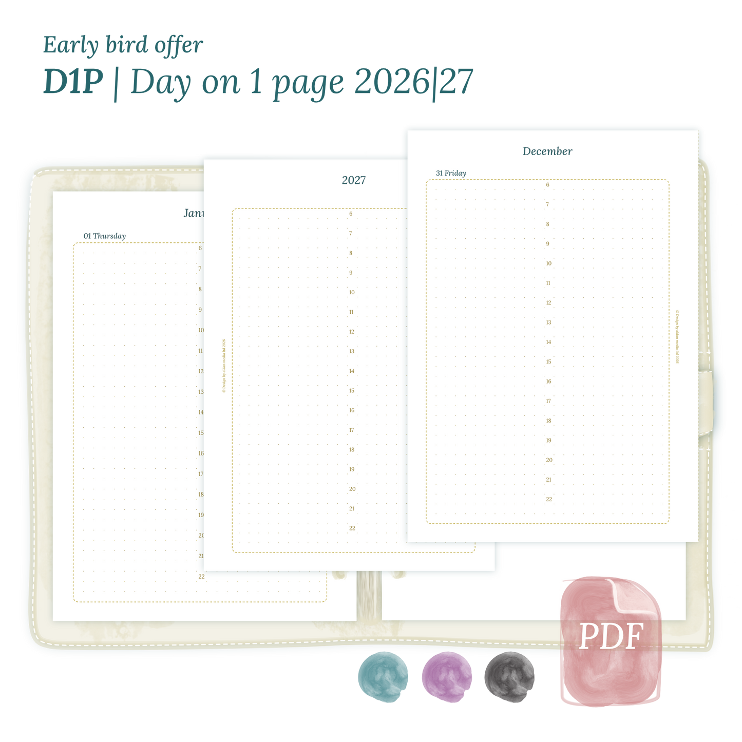 Printable PDF calendar insert D1P day on 1 page module for 2026 and 2027 for A5 size 6 ring binder planner.