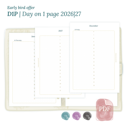 Printable PDF calendar insert D1P day on 1 page module for 2026 and 2027 for A5 size 6 ring binder planner.