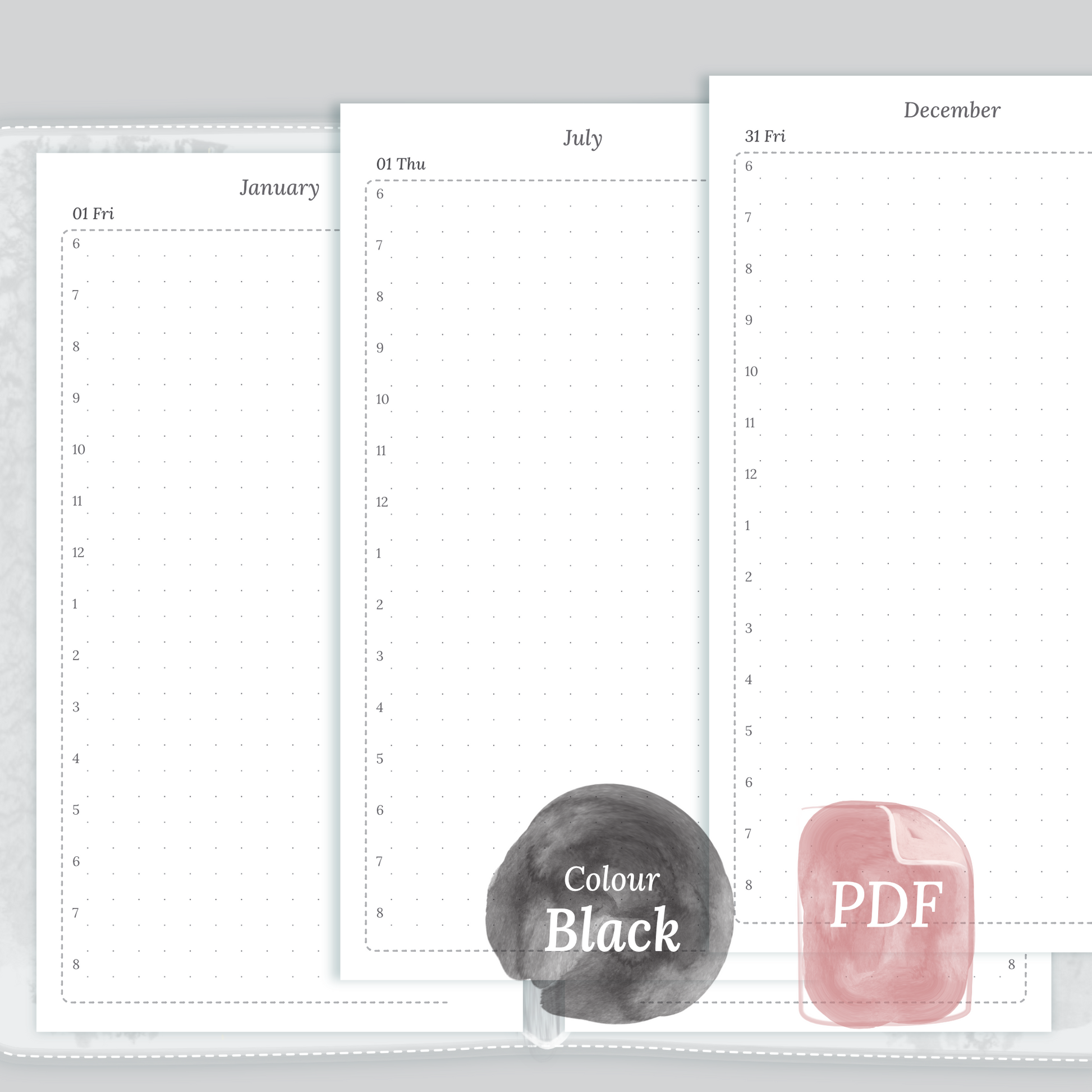 Examples featuring the PDF printable planner inserts module of D1P day on 1 page for 2026 and 2027 in the colour Black & White for Personal size 6 ring binder planner.