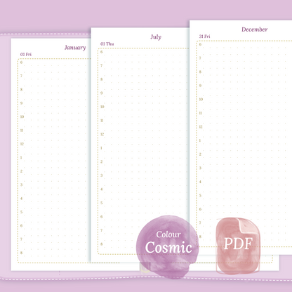 Examples featuring the PDF printable planner inserts module of D1P day on 1 page for 2026 and 2027 in the colour Cosmic/Raspberry for Personal size 6 ring binder planner.