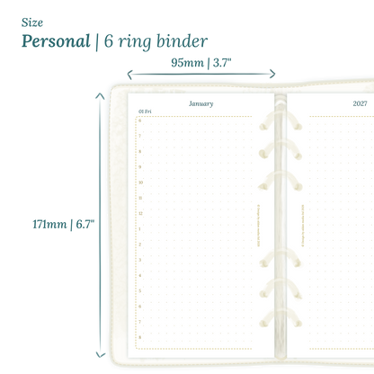 Printable PDF calendar planner insert with dimensions labeled on a white background to show the size supported which is Personal size for 6 ring binder.