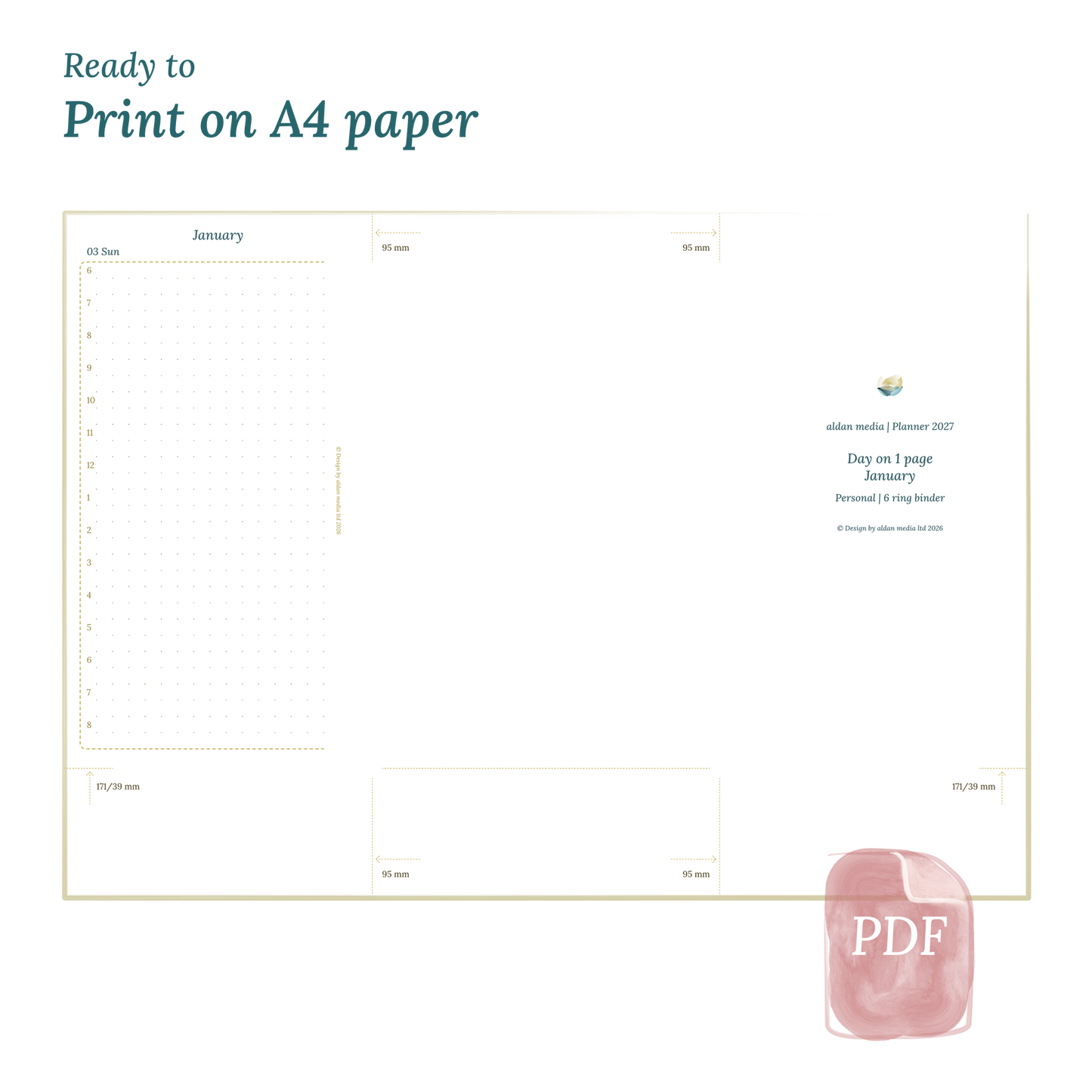 Printable PDF calendar planner with title design on A4 paper that illustrates that our products are ready to print for Personal size 6 ring binder planner.