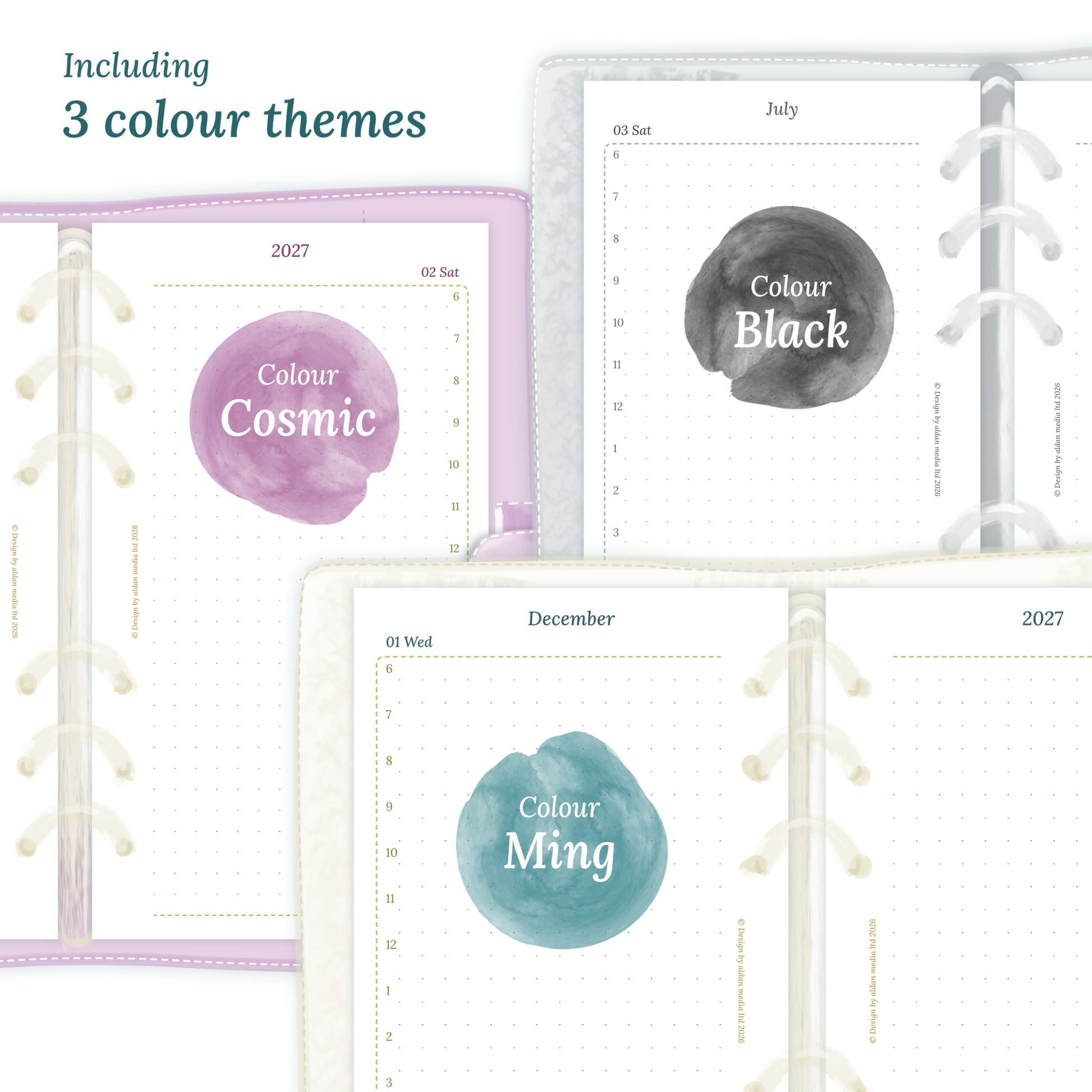 Three colour variants of the calendar designs of the PDF printable inserts with colour themes ‚Cosmic/Raspberry', 'Black', and ‚Ming/Blue' displayed to show how they look like on this module D1P day on 1 page for Personal size 6 ring binder planner.