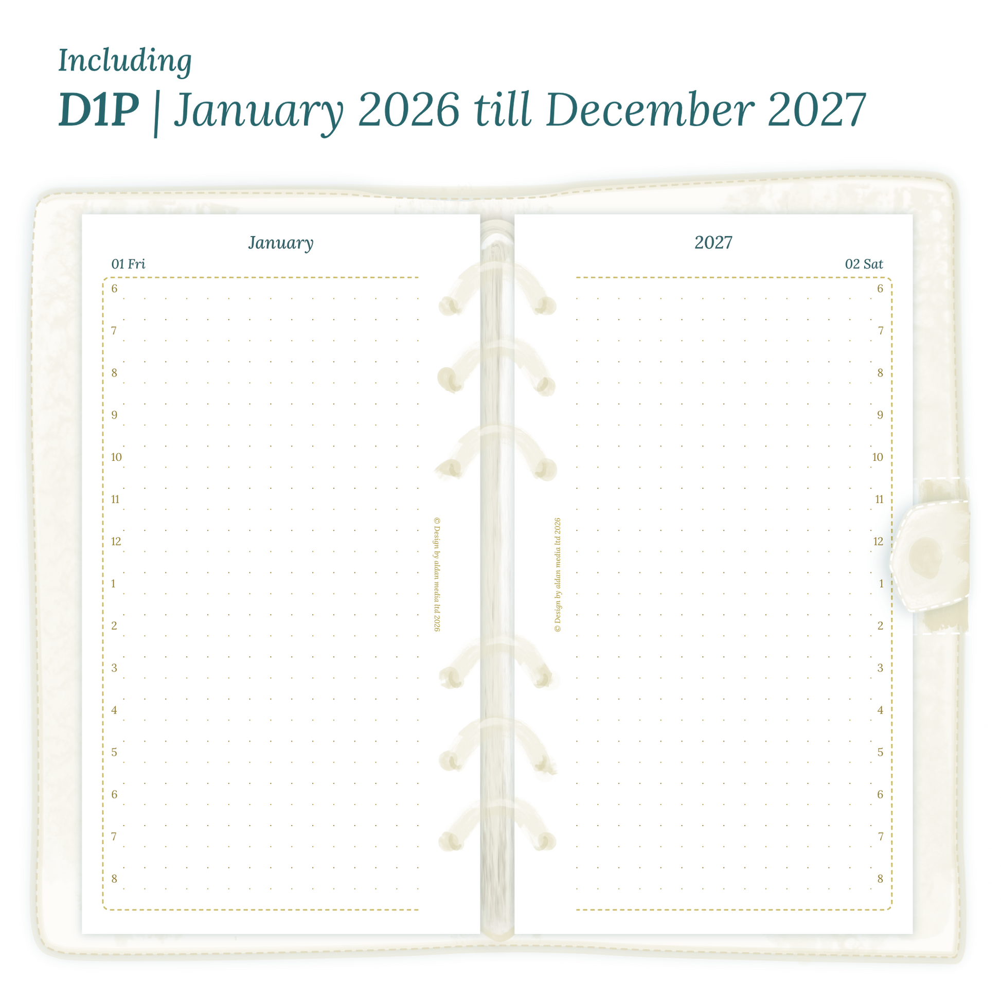 Open planner showing details of the printable PDF planner inserts module D1P day on 1 page for January 2026 till December 2027 for Personal 6 ring binder planner.