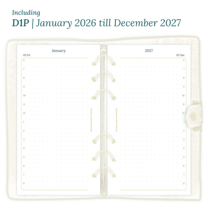 Open planner showing details of the printable PDF planner inserts module D1P day on 1 page for January 2026 till December 2027 for Personal 6 ring binder planner.