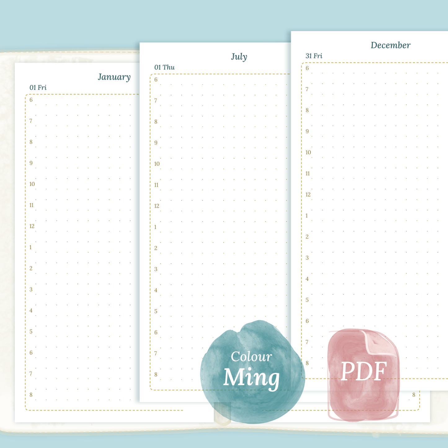 Examples featuring the PDF printable planner inserts module of D1P day on 1 page for 2026 and 2027 in the colour Ming/Blue for Personal size 6 ring binder planner.