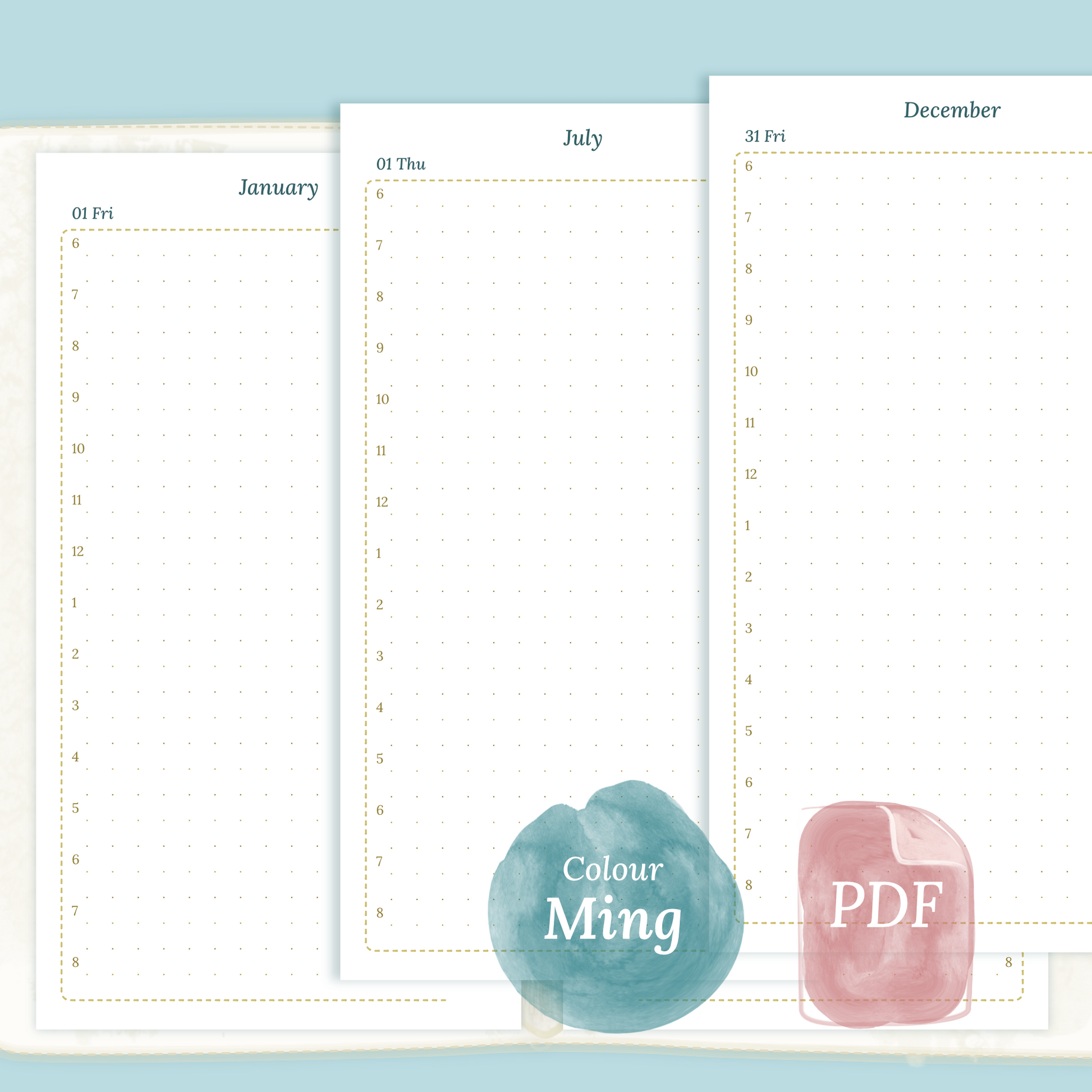 Examples featuring the PDF printable planner inserts module of D1P day on 1 page for 2026 and 2027 in the colour Ming/Blue for Personal size 6 ring binder planner.
