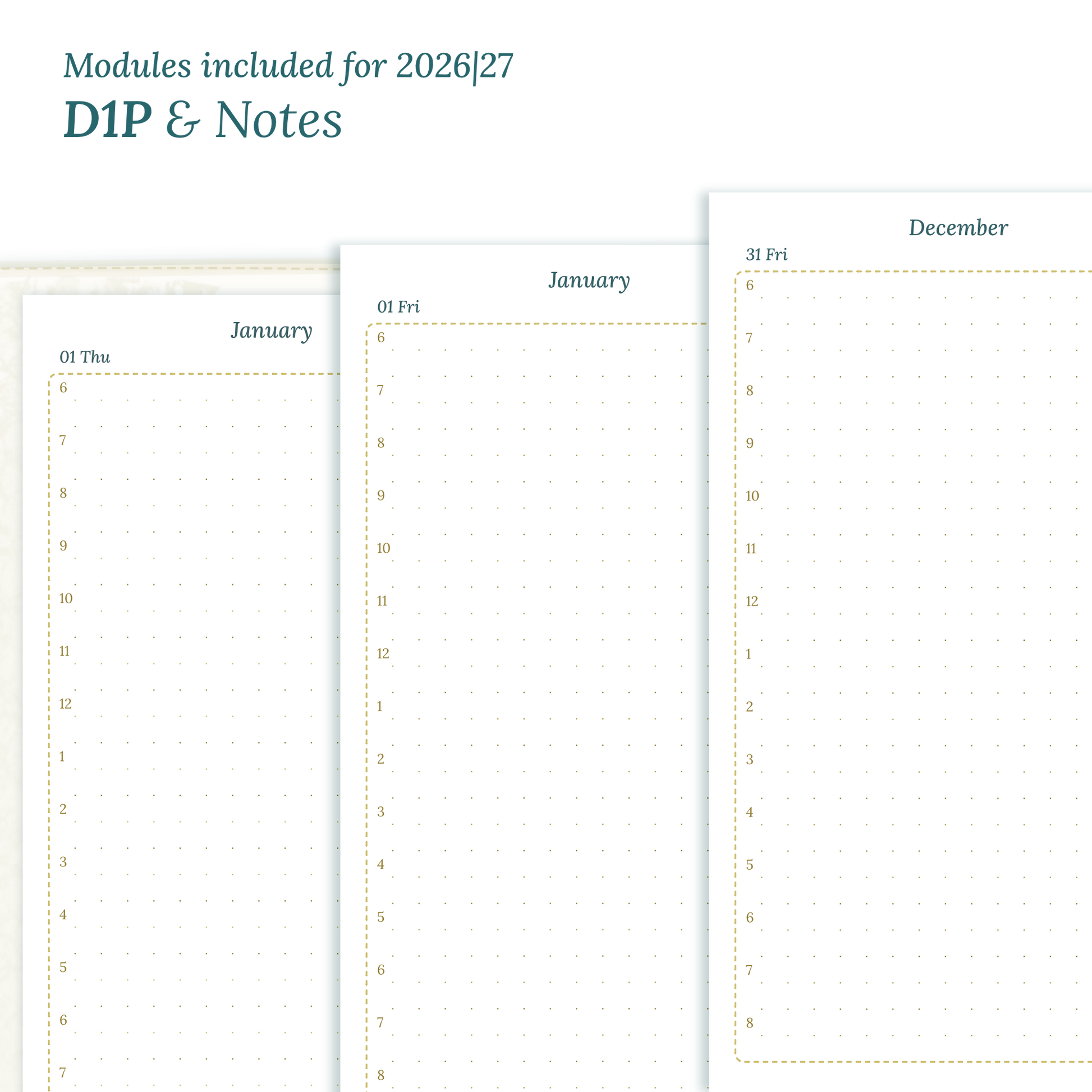 Printable PDF calendar inserts module for the years 2026 and 2027 featuring D1P day on 1 page and a Notes.