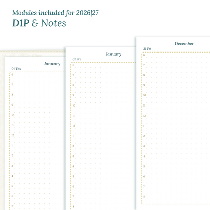 Printable PDF calendar inserts module for the years 2026 and 2027 featuring D1P day on 1 page and a Notes.