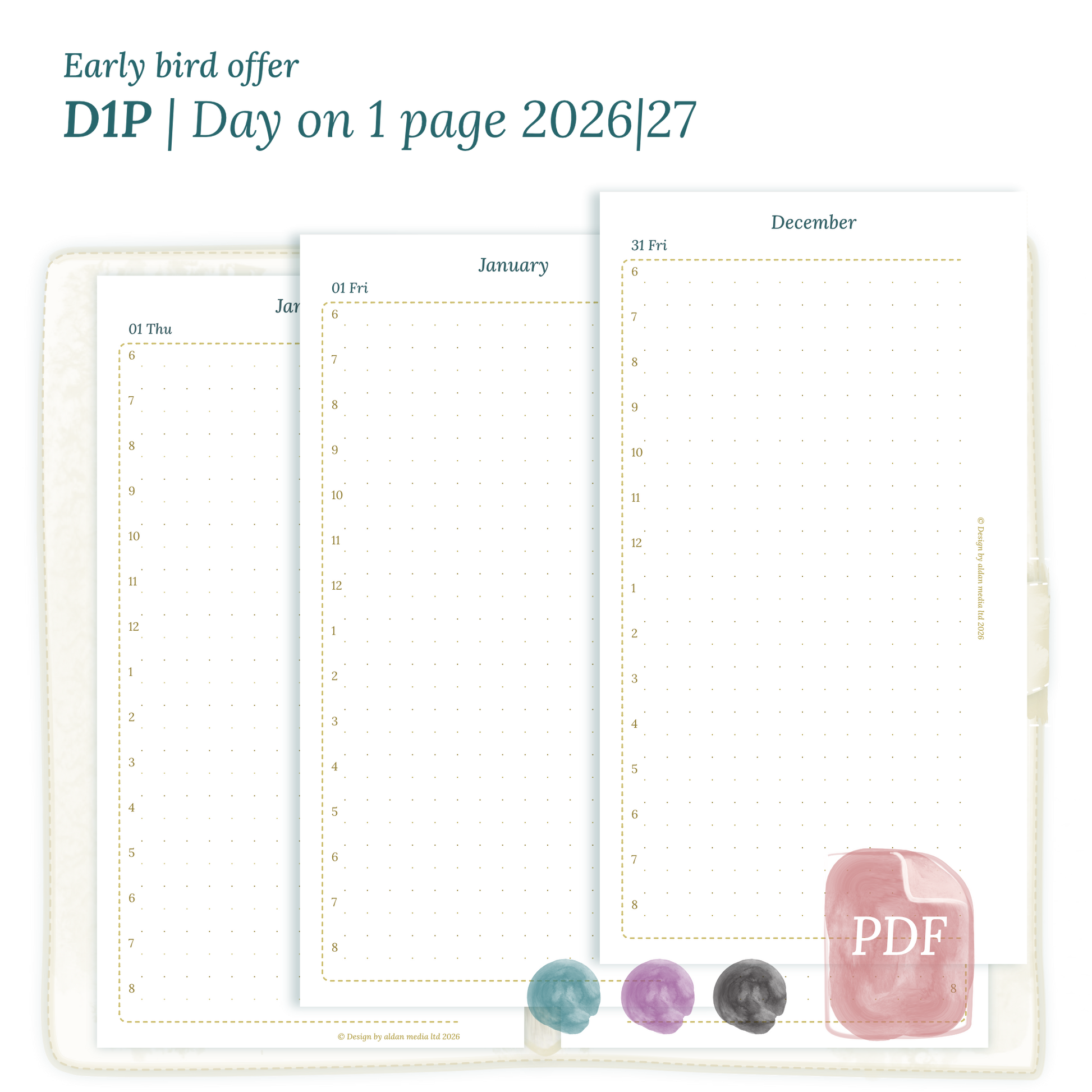 Printable PDF calendar insert D1P day on 1 page module for 2026 and 2027 for Personal size 6 ring binder planner