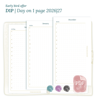 Printable PDF calendar insert D1P day on 1 page module for 2026 and 2027 for Personal size 6 ring binder planner