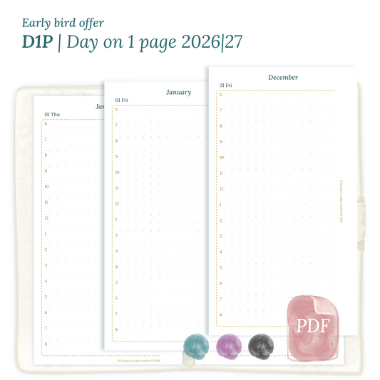 Printable PDF calendar insert D1P day on 1 page module for 2026 and 2027 for Personal size 6 ring binder planner