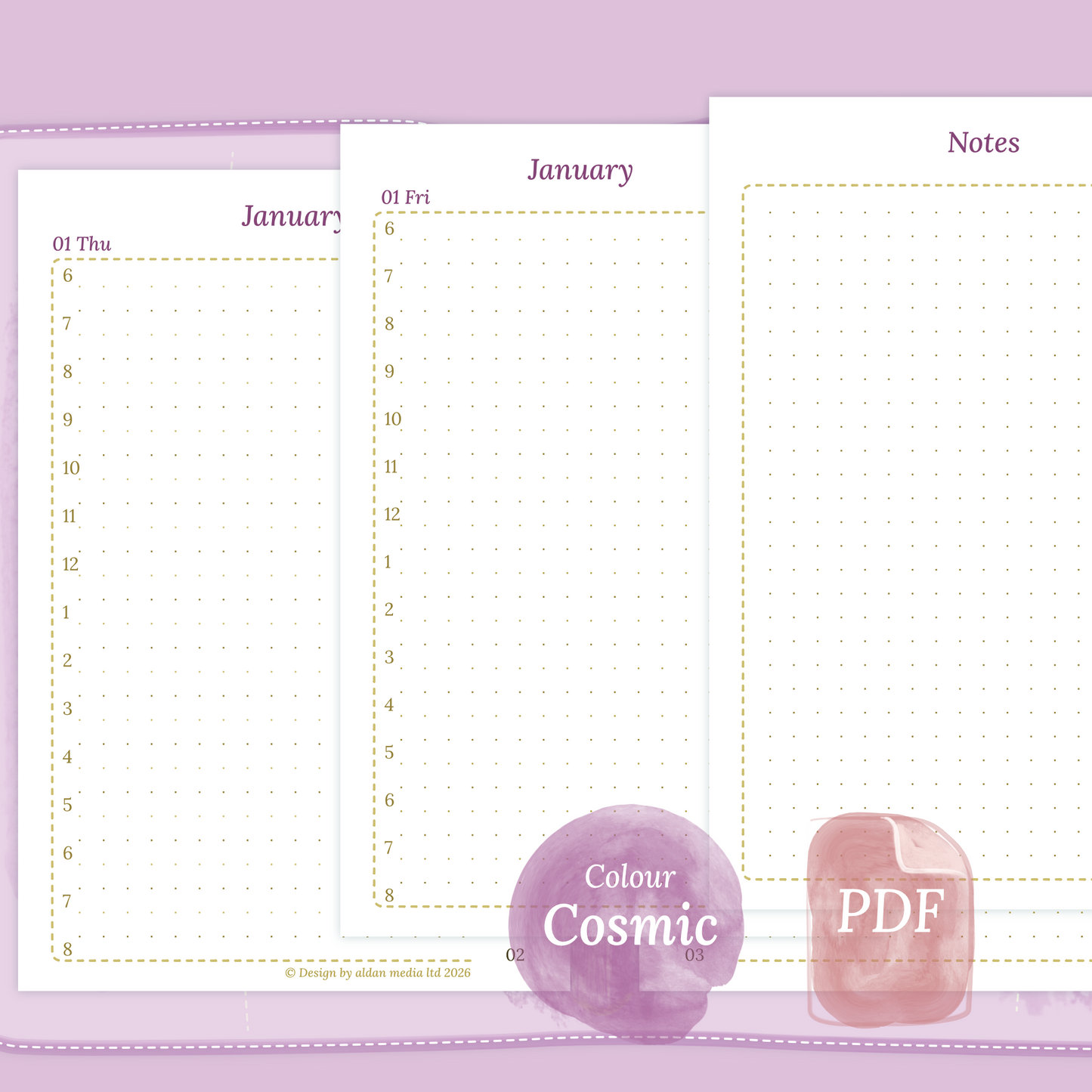 Examples featuring the PDF printable planner inserts module of D1P day on 1 page for 2026 and 2027 in the colour Cosmic/Raspberry for Pocket size 6 ring binder planner.