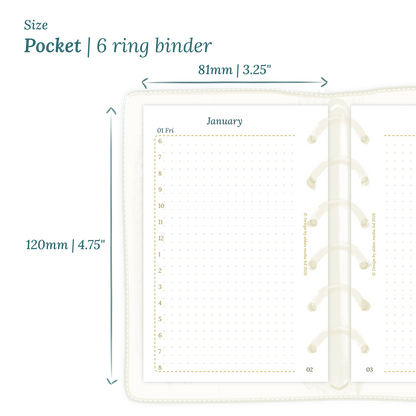 Printable PDF calendar planner insert with dimensions labeled on a white background to show the size supported which is Pocket size for 6 ring binder.