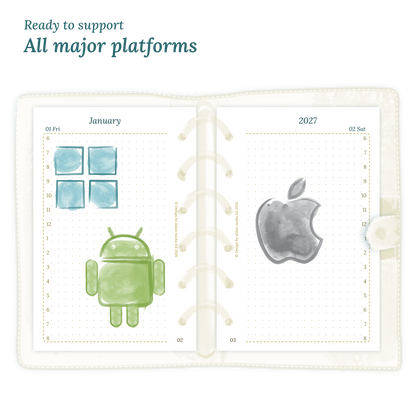 Open planner printable PDF calendar insert with Windows, Android and Apple logos on a white background to show what operating systems are supported by our printables for Pocket size 6 ring binder planner.