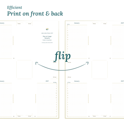 Printable PDF calendar design with a title and text indicating efficient printing on front and back of the A4 page to create a Pocket size 6 ring binder planner.