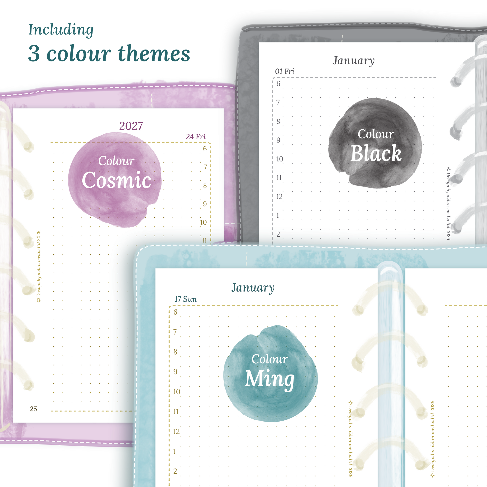 Three colour variants of the calendar designs of the PDF printable inserts with colour themes ‚Cosmic/Raspberry', 'Black', and ‚Ming/Blue' displayed to show how they look like on this module D1P day on 1 page for Pocket size 6 ring binder planner.