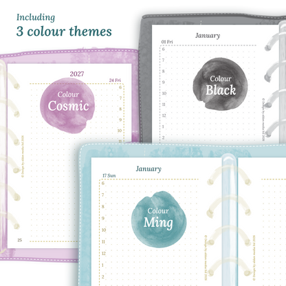 Three colour variants of the calendar designs of the PDF printable inserts with colour themes ‚Cosmic/Raspberry', 'Black', and ‚Ming/Blue' displayed to show how they look like on this module D1P day on 1 page for Pocket size 6 ring binder planner.